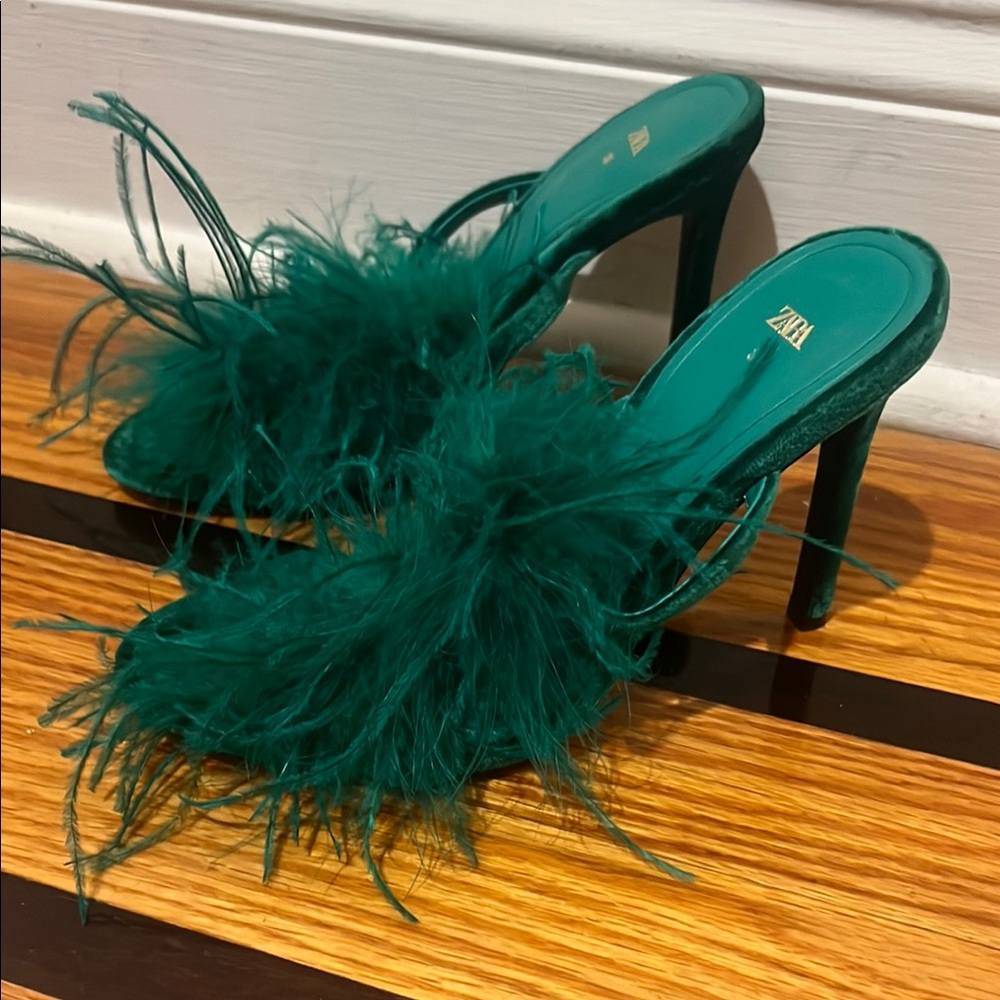 Zara Green Feathered Women's Heels